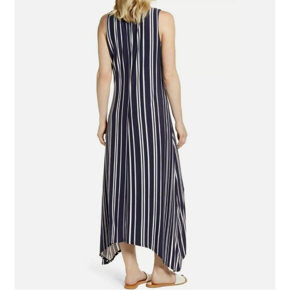 Size Medium TOMMY BAHAMA ANOCHE SLEEVELESS‎ NAVY STRIPED SHARKBITE MAXI DRESS - Picture 3 of 11